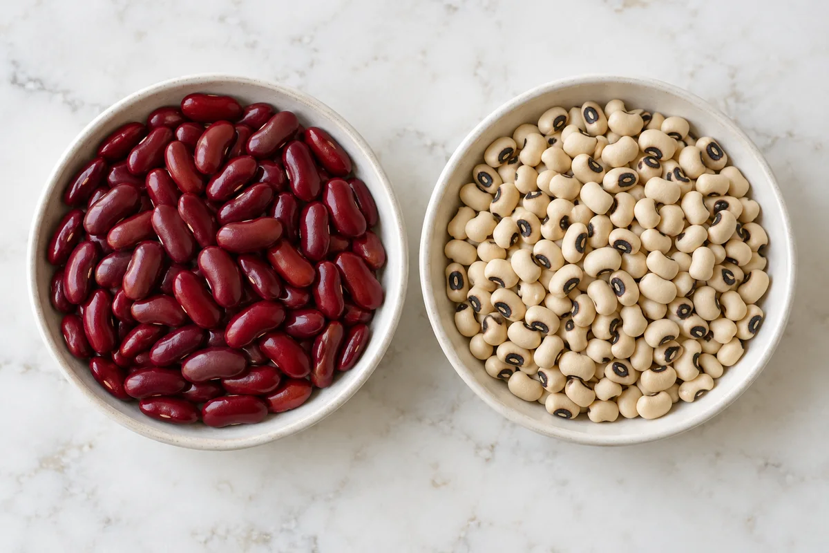 Red kidney beans and pale black-eyed beans