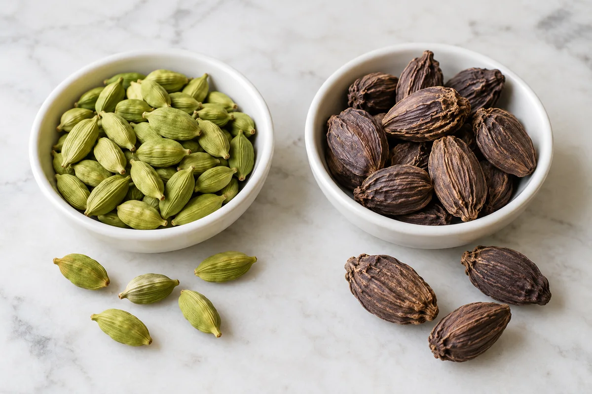 Green and larger dark cardamom pods in two small dishes