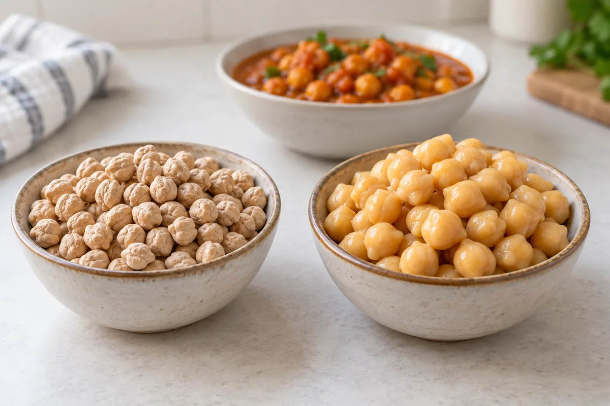 Getrocknete und gekochte Kichererbsen mit einem Chana-Masala-Servierbeispiel