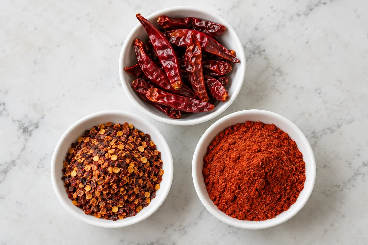 Dried whole chillies, chilli flakes and chilli powder