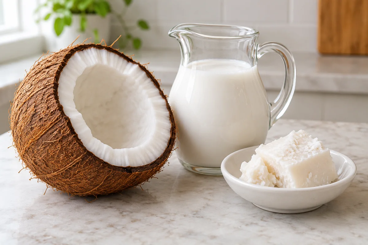 Kokosnuss, Kokosmilch und ein Stück feste Kokoscreme