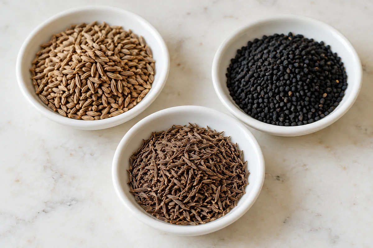 Brauner Kreuzkümmel, schwarze Nigella-Samen und dunkler Shahi Jeera