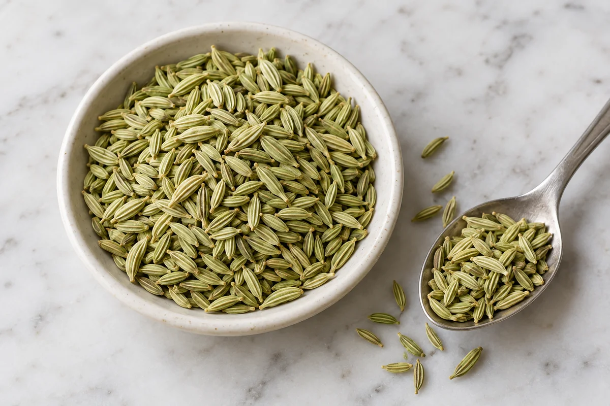 Fennel seeds in a small dish with a teaspoon