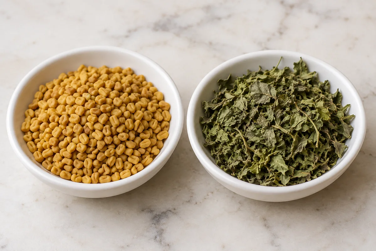 Fenugreek seeds and dried kasuri methi leaves