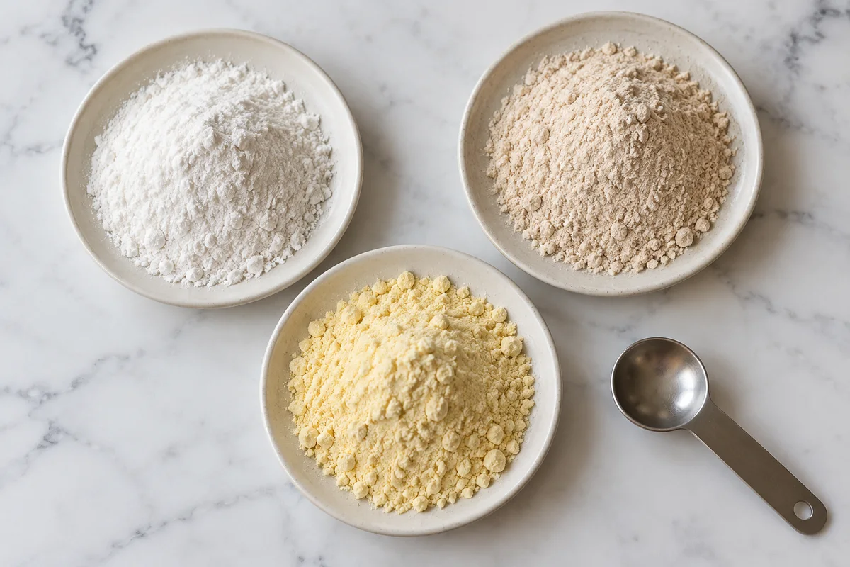 Rice flour, whole-wheat atta and chickpea flour in small dishes