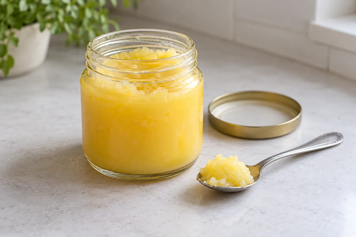 Ein schlichtes Glas mit goldenem Ghee und einem Teelöffel