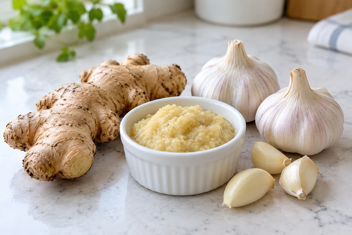Fresh ginger, garlic and a small dish of ginger-garlic paste