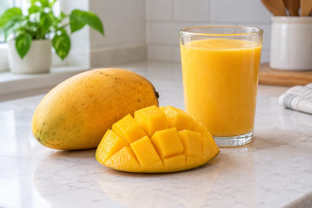 Reife Mango, aufgeschnittene Mangohälfte und ein Glas Mangogetränk