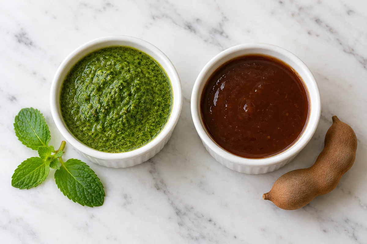 Green mint chutney and dark tamarind chutney