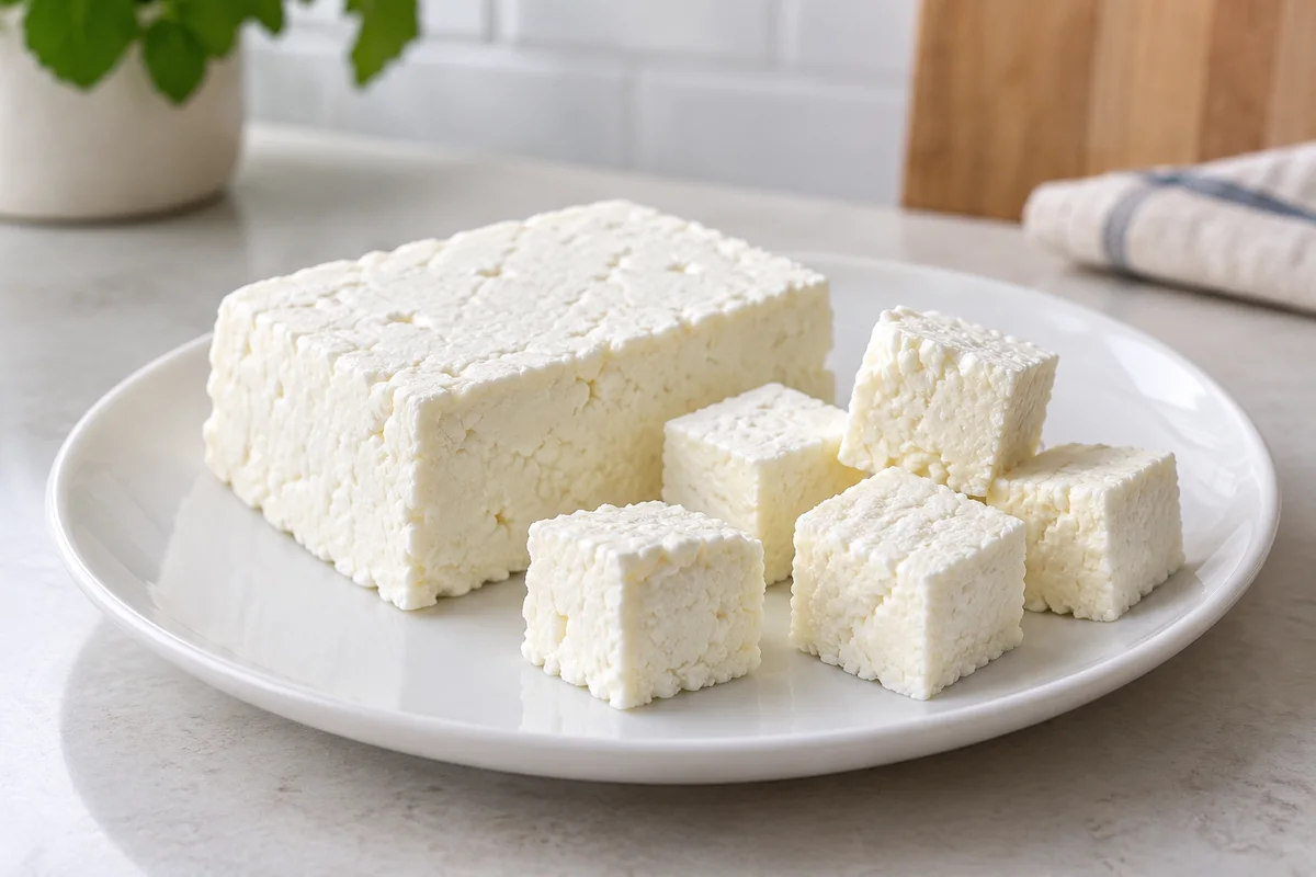 Ein frischer weißer Paneer-Block mit einigen Würfeln