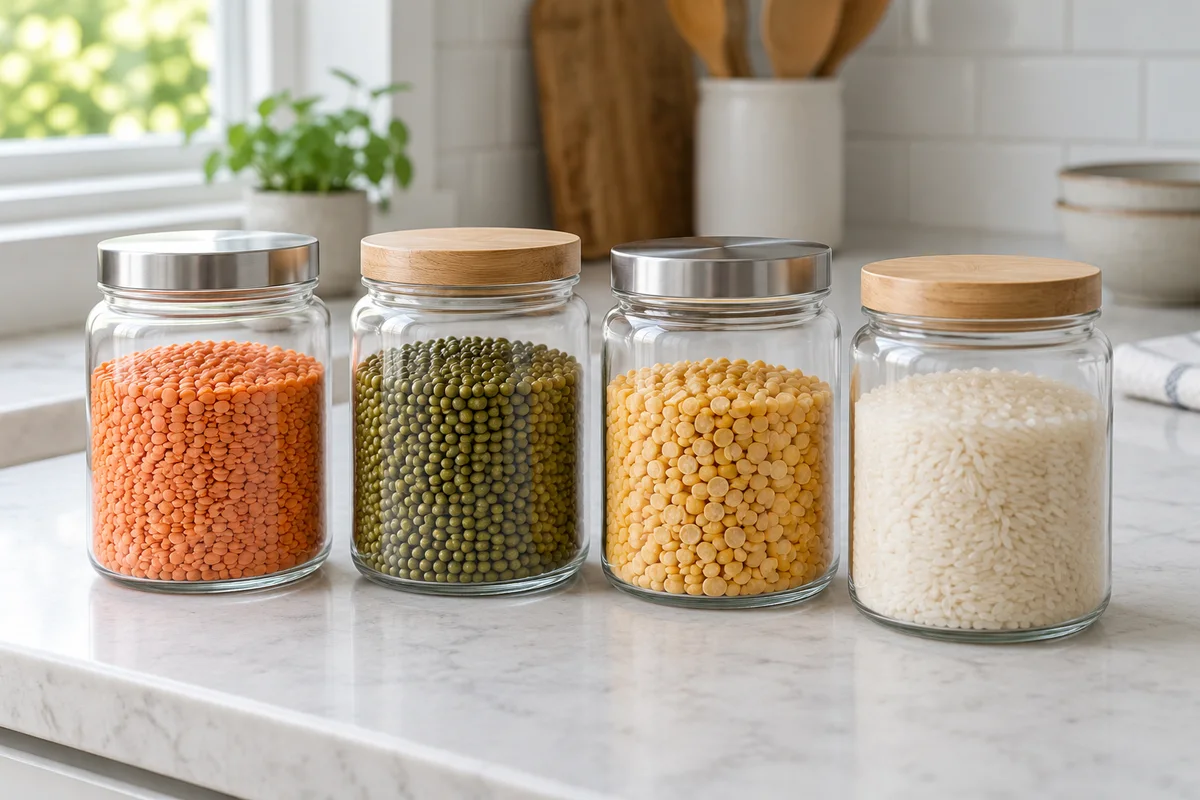Plain pantry jars with lentils, mung beans, yellow pulses and rice