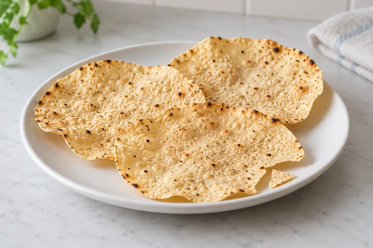 Dünne geröstete Papad mit leicht gewellten Rändern