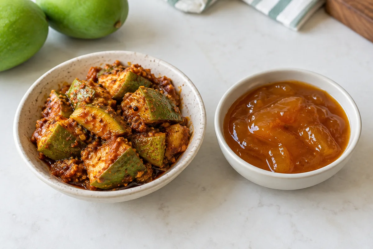 Stückiges Mango-Pickle und glattes Mango-Chutney