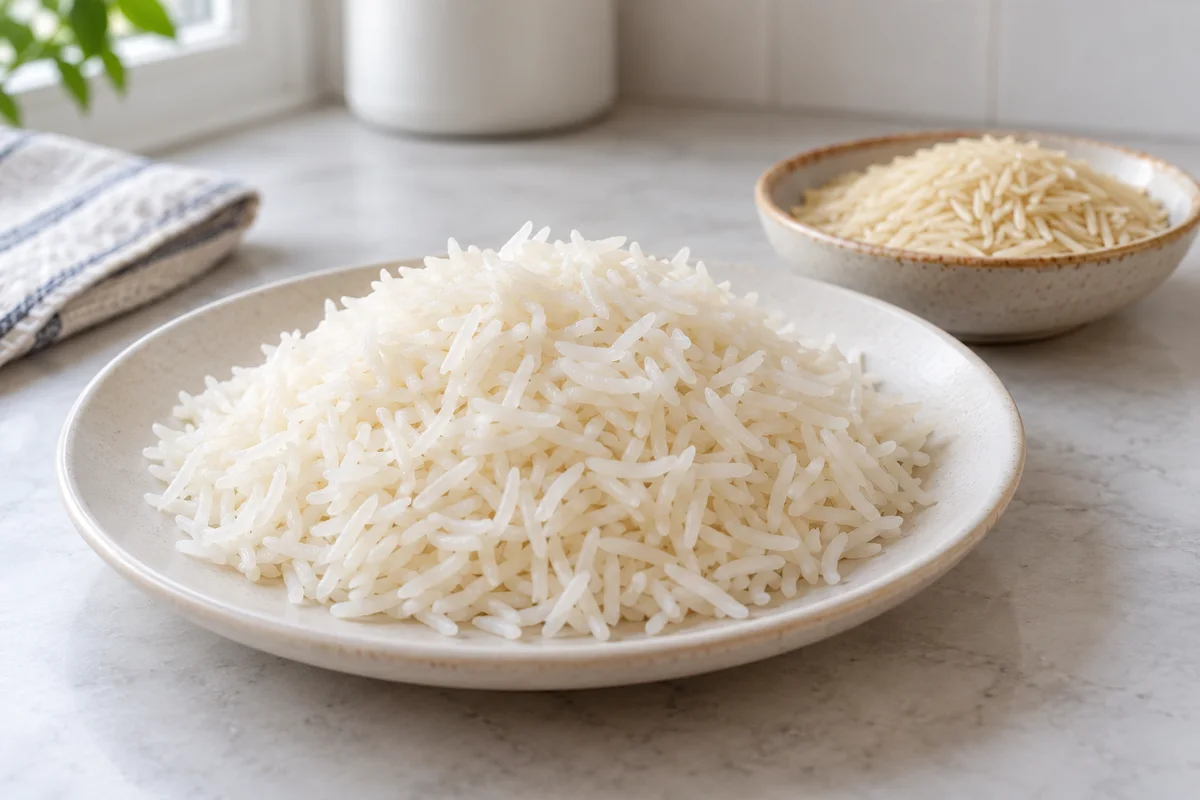 Cooked basmati rice and uncooked long grains