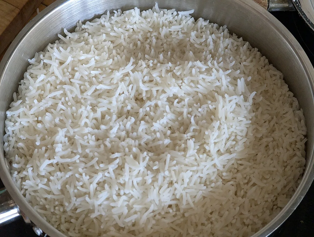 Cooked white basmati rice in a pot