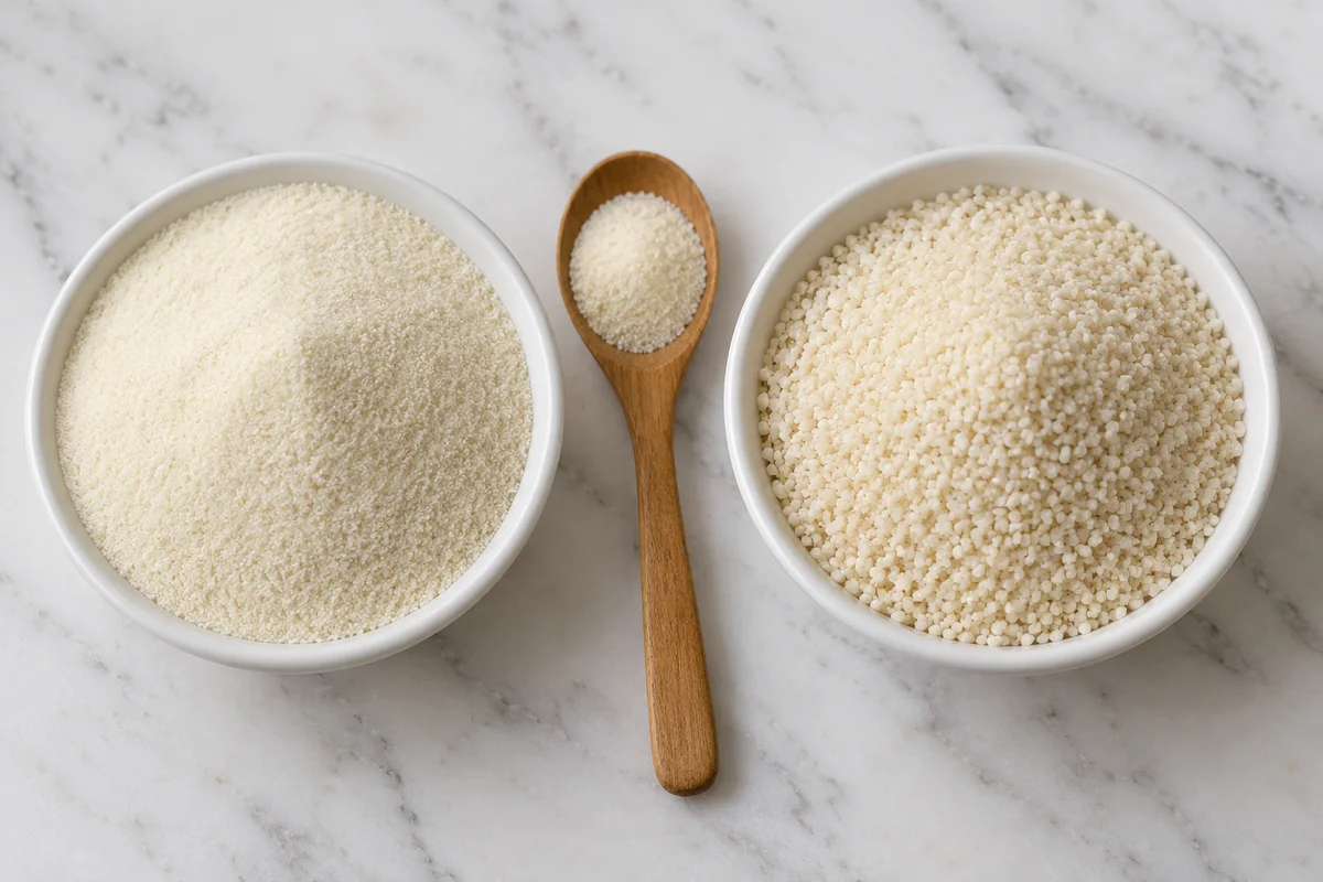 Fine and coarse semolina in two small dishes