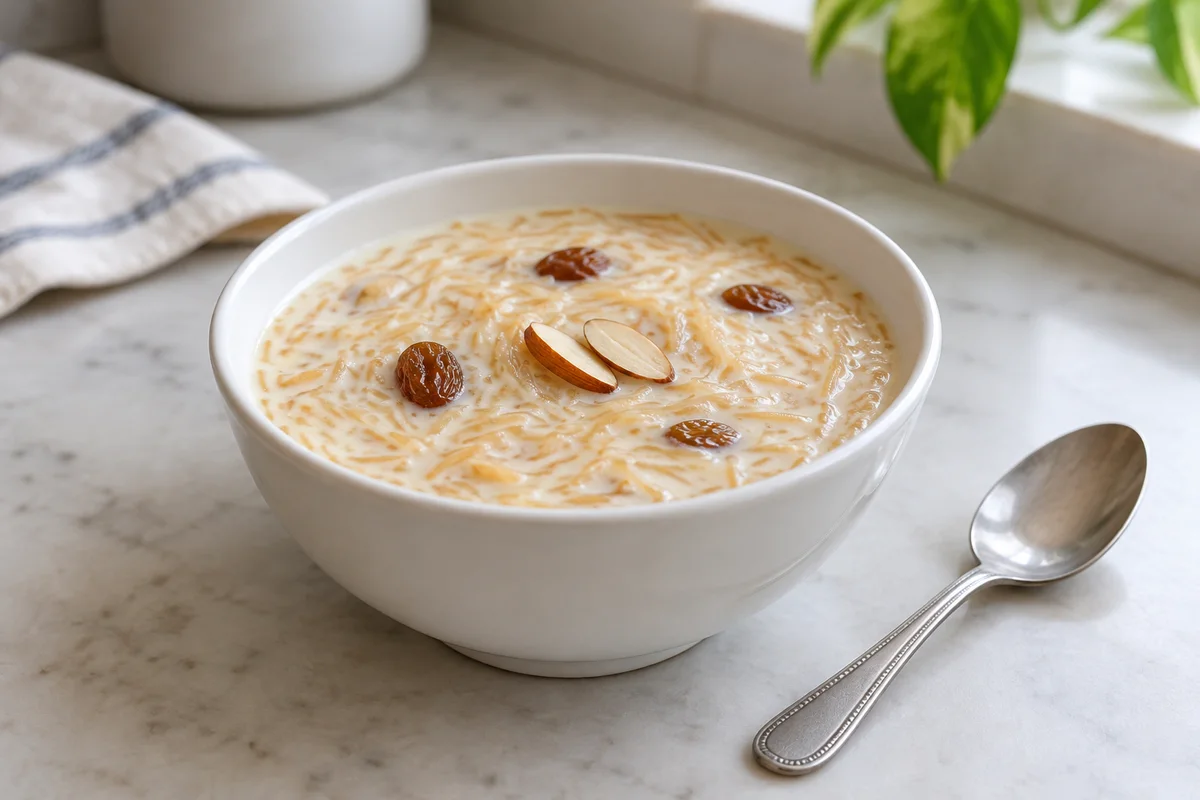Cremiges Semai-Dessert mit dünnen Fadennudeln